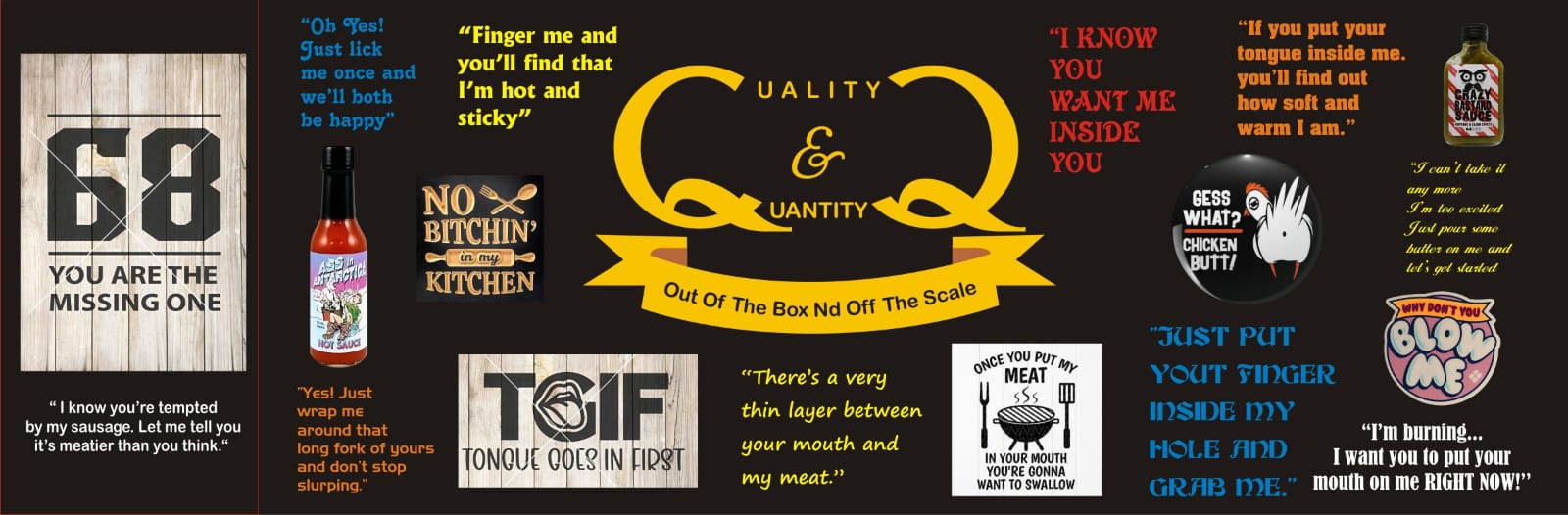 QnQ Cafe's wall of naughty quotes, stickers and the Quality n Quantity logo